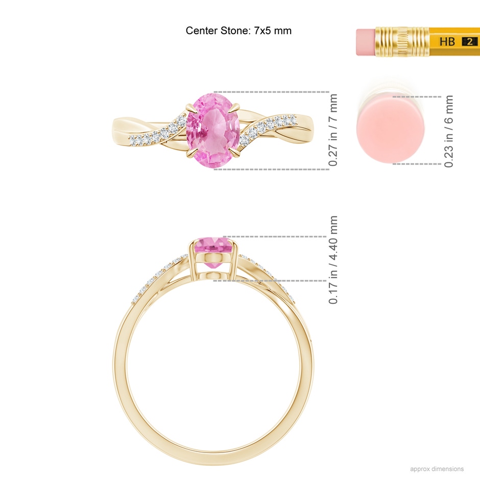 7x5mm A Oval Pink Sapphire Split Shank Ring with Diamond Accents in Yellow Gold ruler