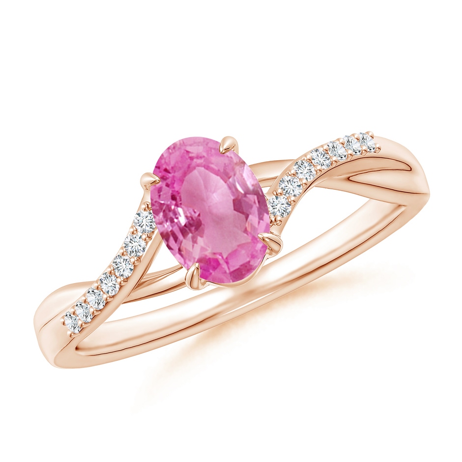 7x5mm AA Oval Pink Sapphire Split Shank Ring with Diamond Accents in 9K Rose Gold 
