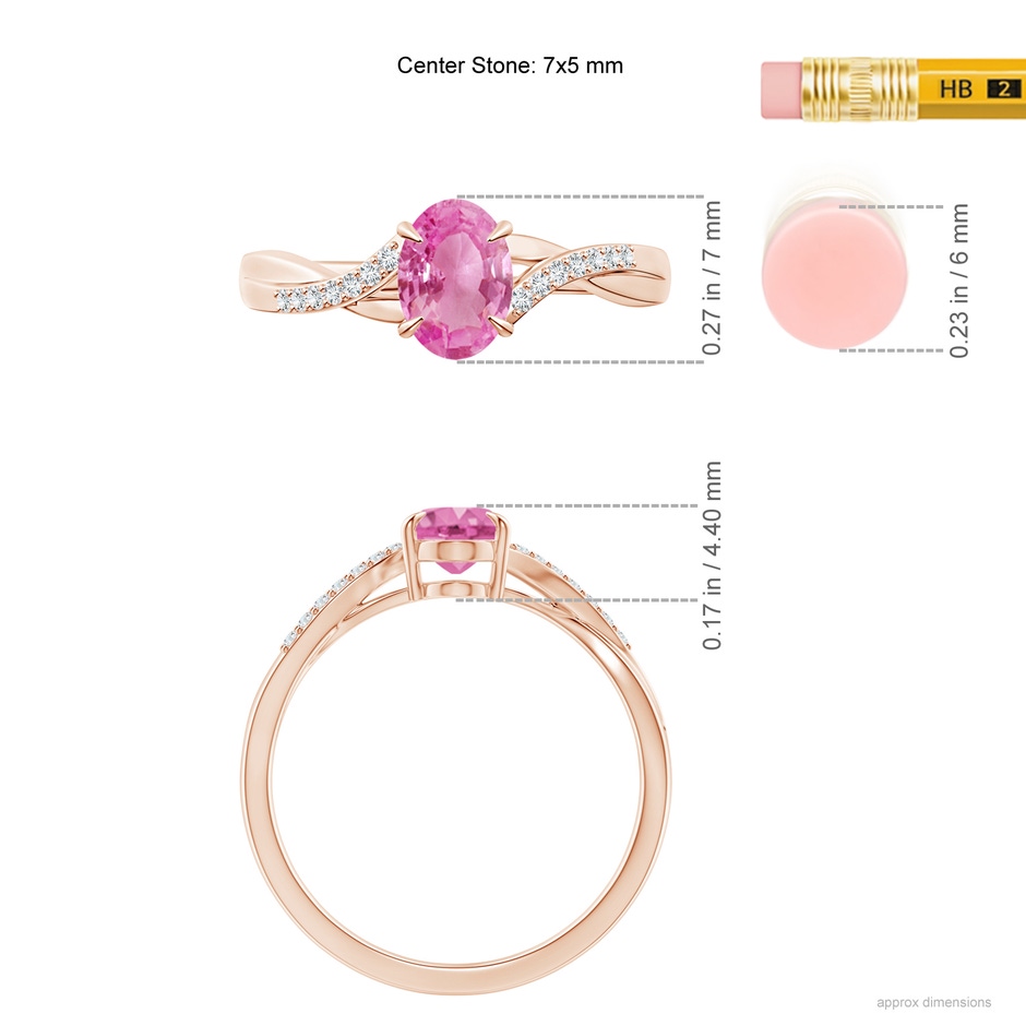 7x5mm AA Oval Pink Sapphire Split Shank Ring with Diamond Accents in 9K Rose Gold ruler