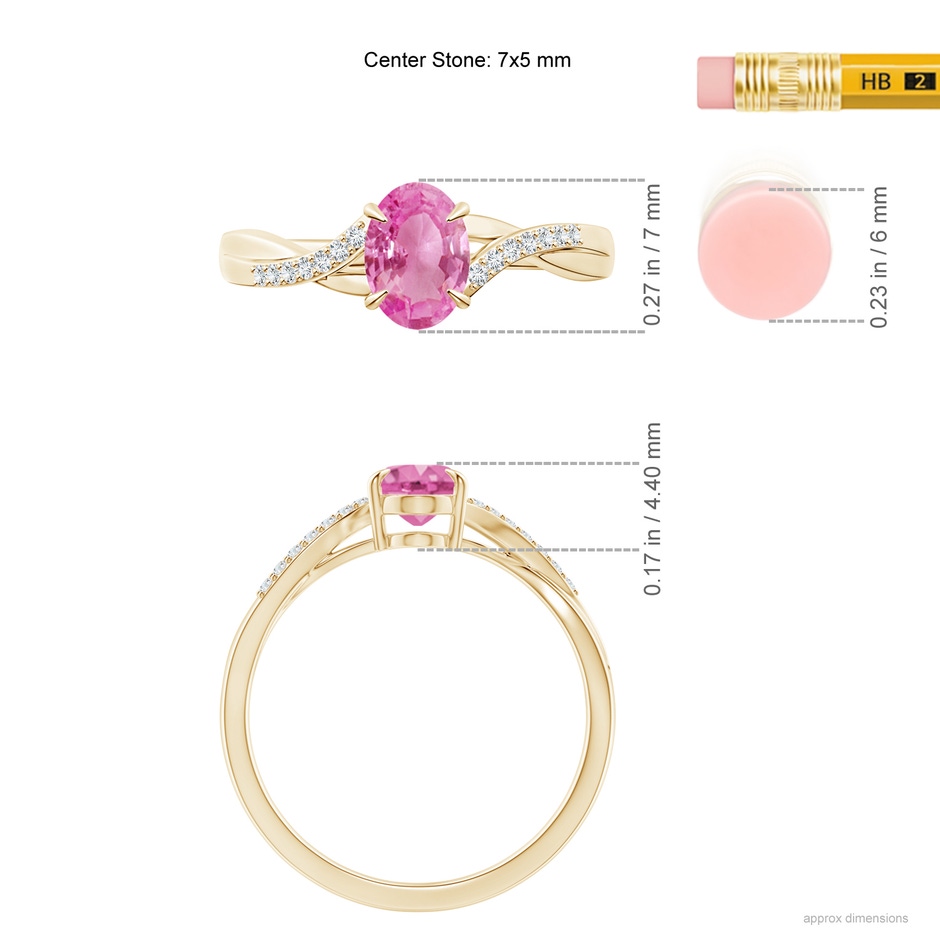 7x5mm AA Oval Pink Sapphire Split Shank Ring with Diamond Accents in Yellow Gold ruler