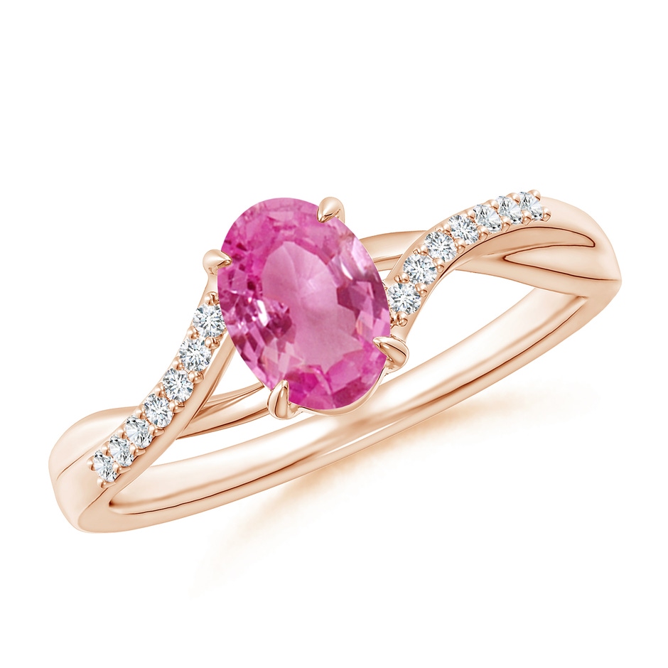 7x5mm AAA Oval Pink Sapphire Split Shank Ring with Diamond Accents in Rose Gold 