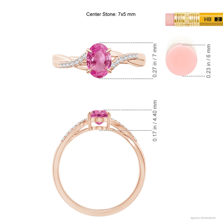 7x5mm AAA Oval Pink Sapphire Split Shank Ring with Diamond Accents in Rose Gold ruler