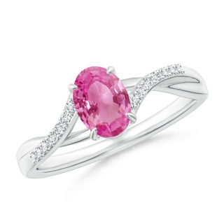7x5mm AAA Oval Pink Sapphire Split Shank Ring with Diamond Accents in White Gold