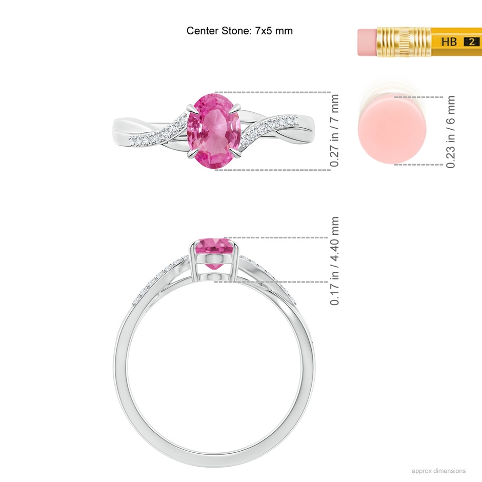 7x5mm AAA Oval Pink Sapphire Split Shank Ring with Diamond Accents in White Gold ruler
