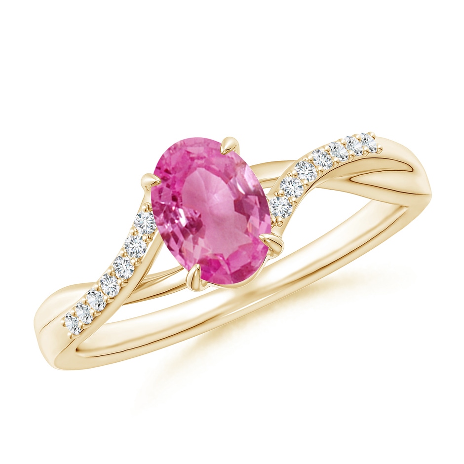 7x5mm AAA Oval Pink Sapphire Split Shank Ring with Diamond Accents in Yellow Gold 