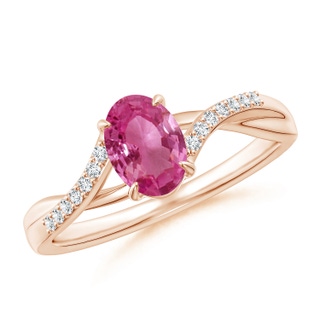 7x5mm AAAA Oval Pink Sapphire Split Shank Ring with Diamond Accents in 9K Rose Gold