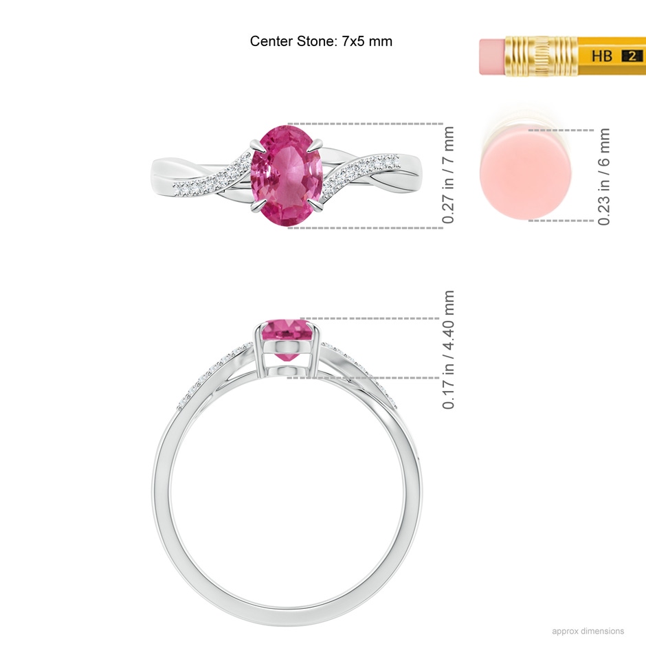 7x5mm AAAA Oval Pink Sapphire Split Shank Ring with Diamond Accents in P950 Platinum ruler