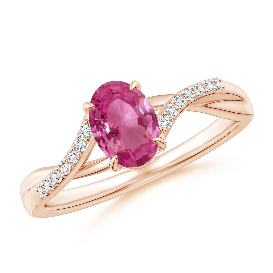 7x5mm AAAA Oval Pink Sapphire Split Shank Ring with Diamond Accents in Rose Gold 