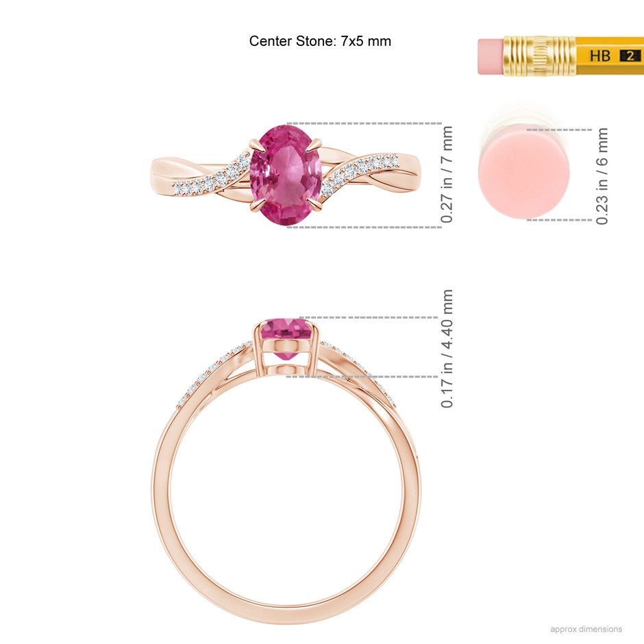 7x5mm AAAA Oval Pink Sapphire Split Shank Ring with Diamond Accents in Rose Gold ruler