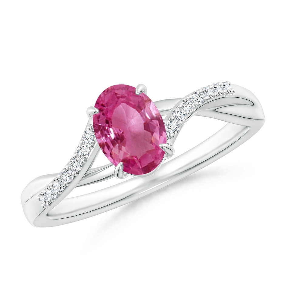 7x5mm AAAA Oval Pink Sapphire Split Shank Ring with Diamond Accents in White Gold 