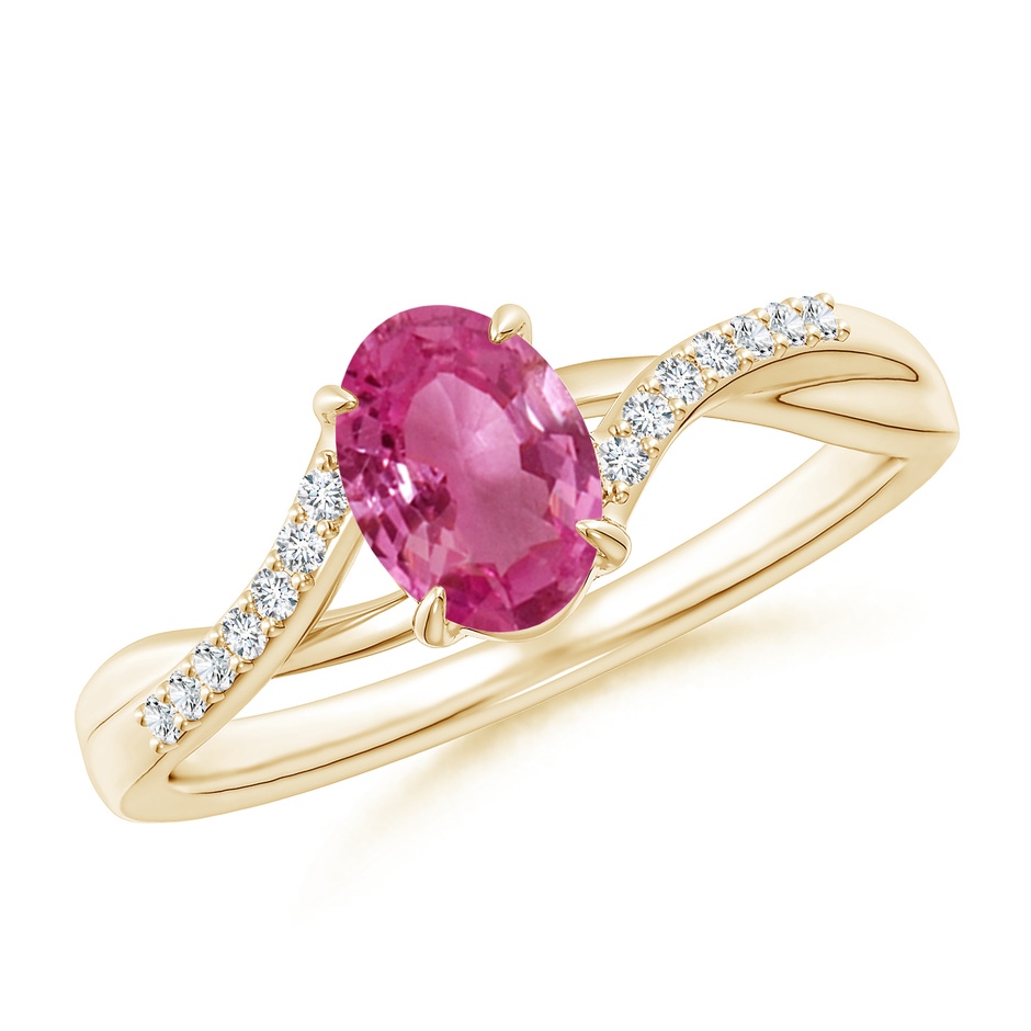 7x5mm AAAA Oval Pink Sapphire Split Shank Ring with Diamond Accents in Yellow Gold 