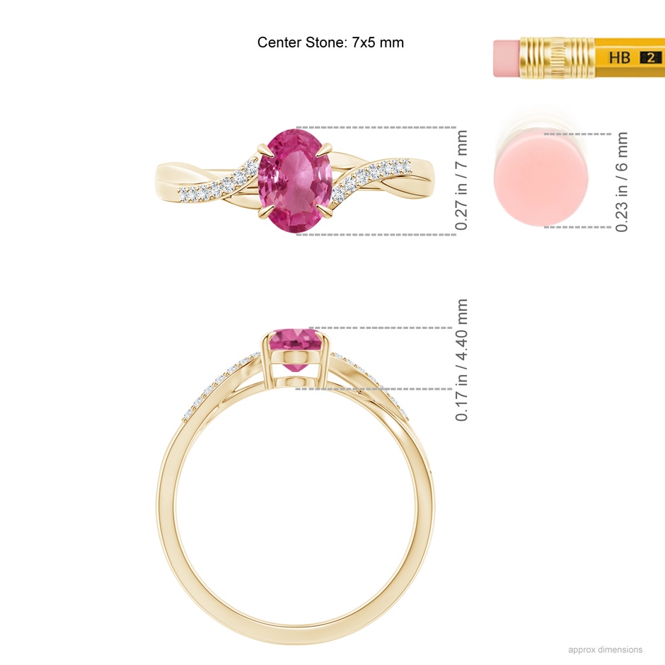 7x5mm AAAA Oval Pink Sapphire Split Shank Ring with Diamond Accents in Yellow Gold ruler