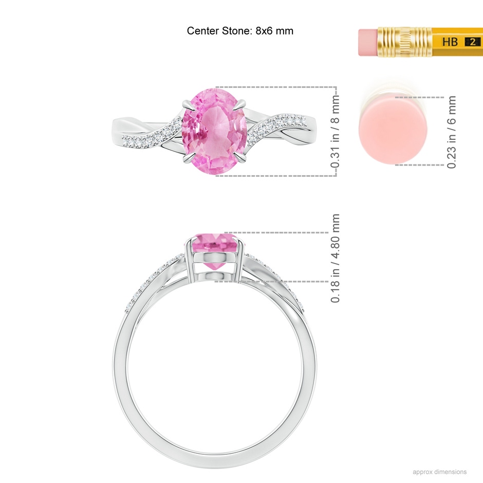 8x6mm A Oval Pink Sapphire Split Shank Ring with Diamond Accents in P950 Platinum ruler