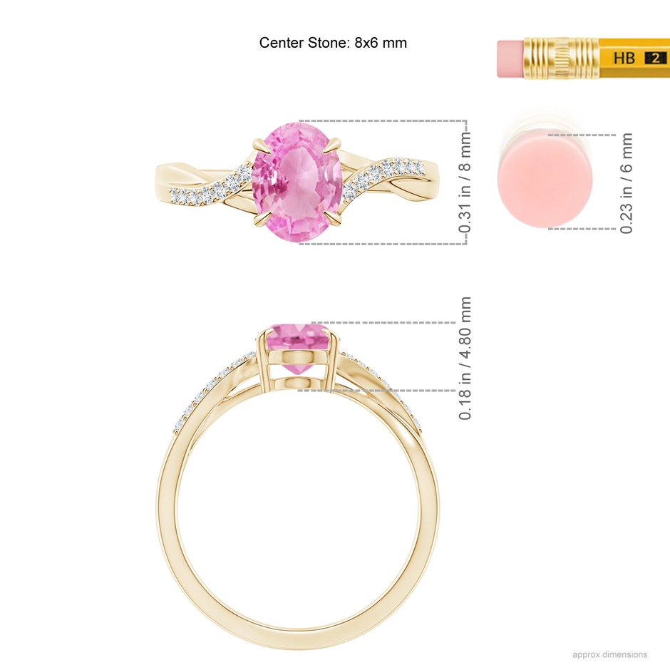 8x6mm A Oval Pink Sapphire Split Shank Ring with Diamond Accents in Yellow Gold ruler