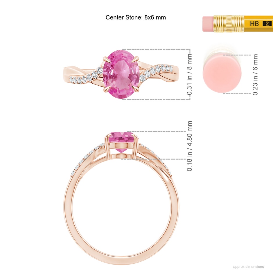8x6mm AA Oval Pink Sapphire Split Shank Ring with Diamond Accents in Rose Gold ruler