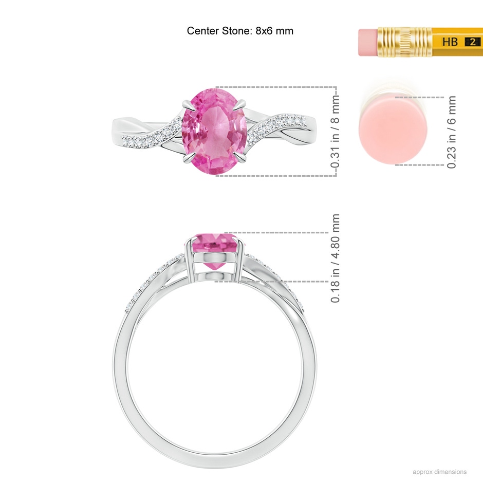 8x6mm AA Oval Pink Sapphire Split Shank Ring with Diamond Accents in White Gold ruler