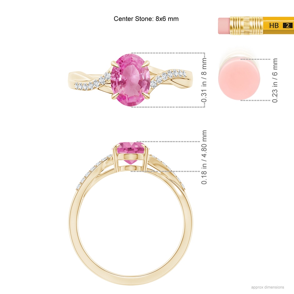 8x6mm AA Oval Pink Sapphire Split Shank Ring with Diamond Accents in Yellow Gold ruler