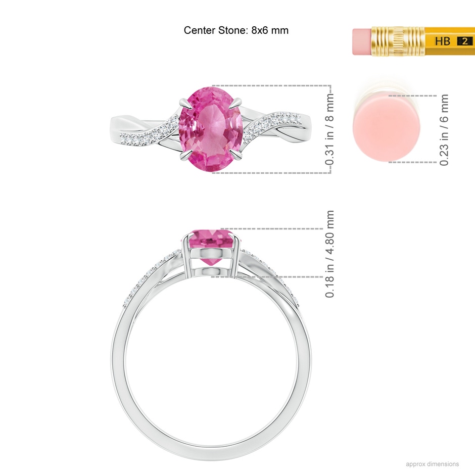 8x6mm AAA Oval Pink Sapphire Split Shank Ring with Diamond Accents in P950 Platinum ruler