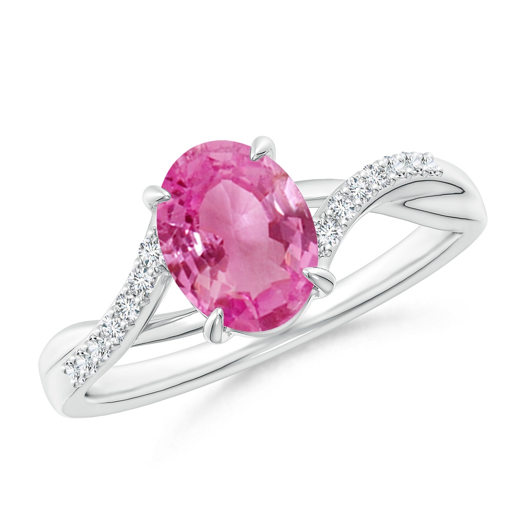8x6mm AAA Oval Pink Sapphire Split Shank Ring with Diamond Accents in White Gold