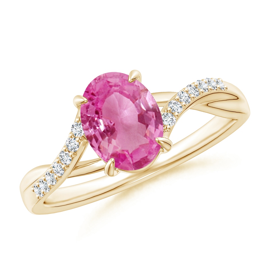 8x6mm AAA Oval Pink Sapphire Split Shank Ring with Diamond Accents in Yellow Gold 