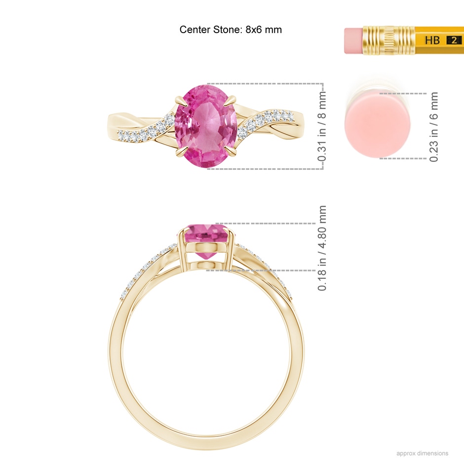 8x6mm AAA Oval Pink Sapphire Split Shank Ring with Diamond Accents in Yellow Gold ruler