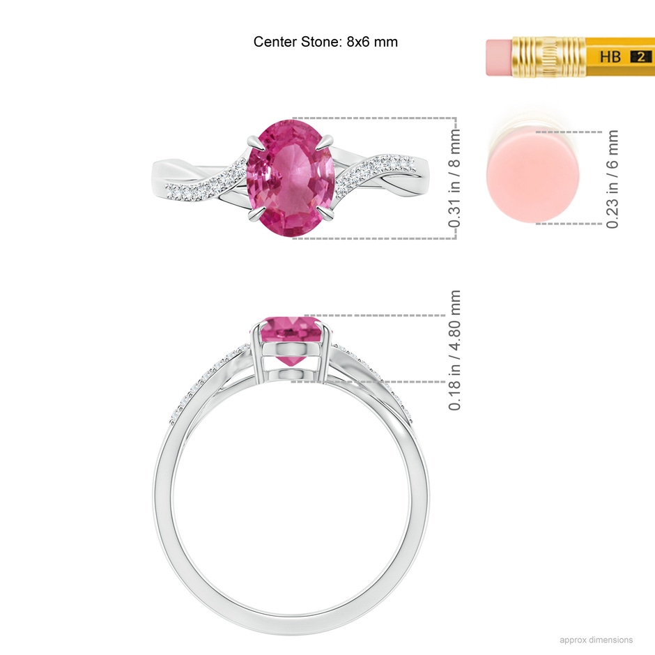 8x6mm AAAA Oval Pink Sapphire Split Shank Ring with Diamond Accents in P950 Platinum ruler