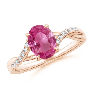 8x6mm AAAA Oval Pink Sapphire Split Shank Ring with Diamond Accents in Rose Gold