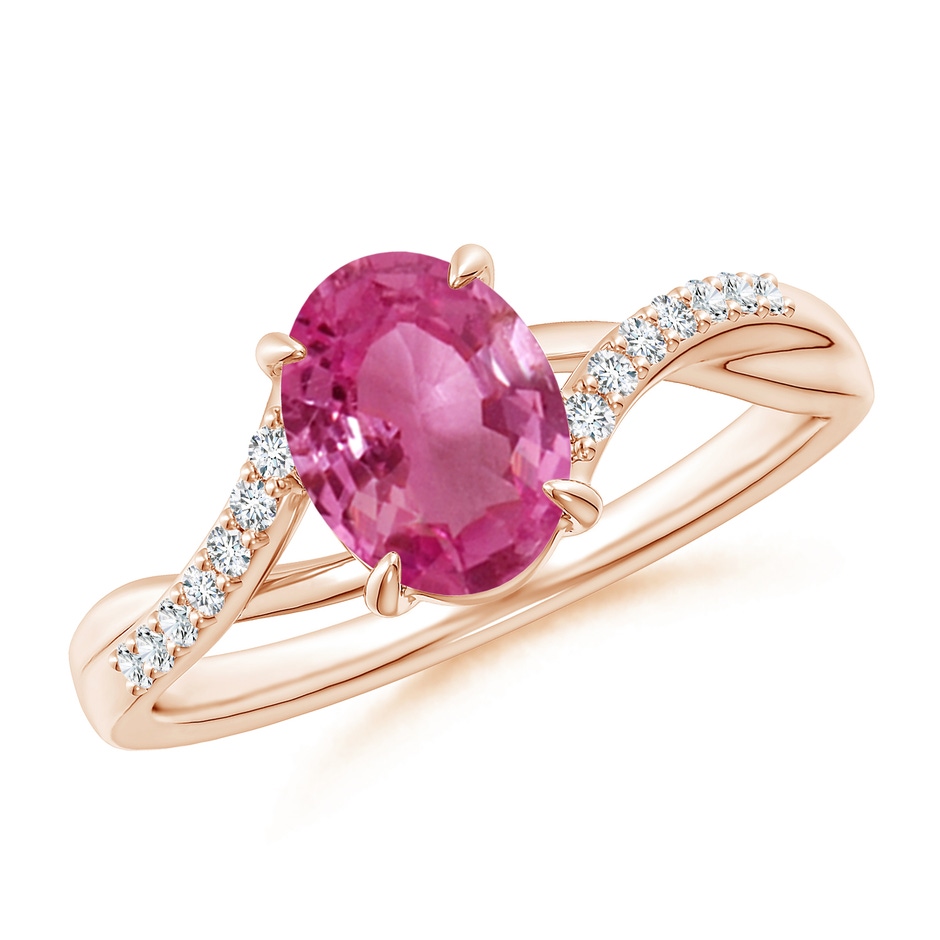 8x6mm AAAA Oval Pink Sapphire Split Shank Ring with Diamond Accents in Rose Gold 
