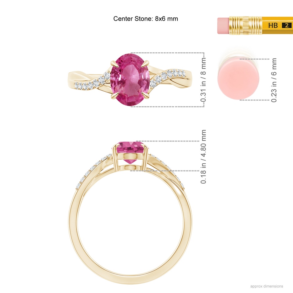 8x6mm AAAA Oval Pink Sapphire Split Shank Ring with Diamond Accents in Yellow Gold ruler