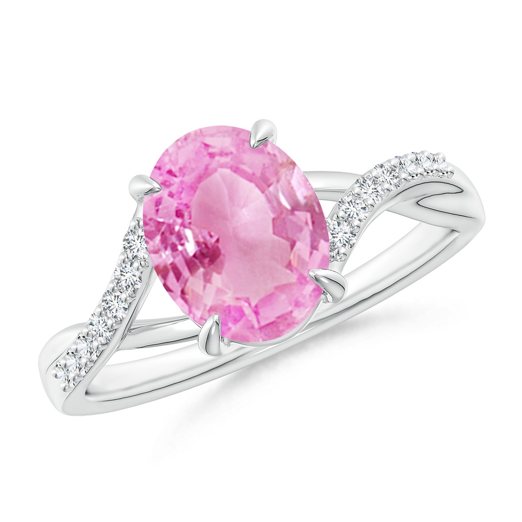 Oval Pink Sapphire Split Shank Ring with Diamond Accents | Angara