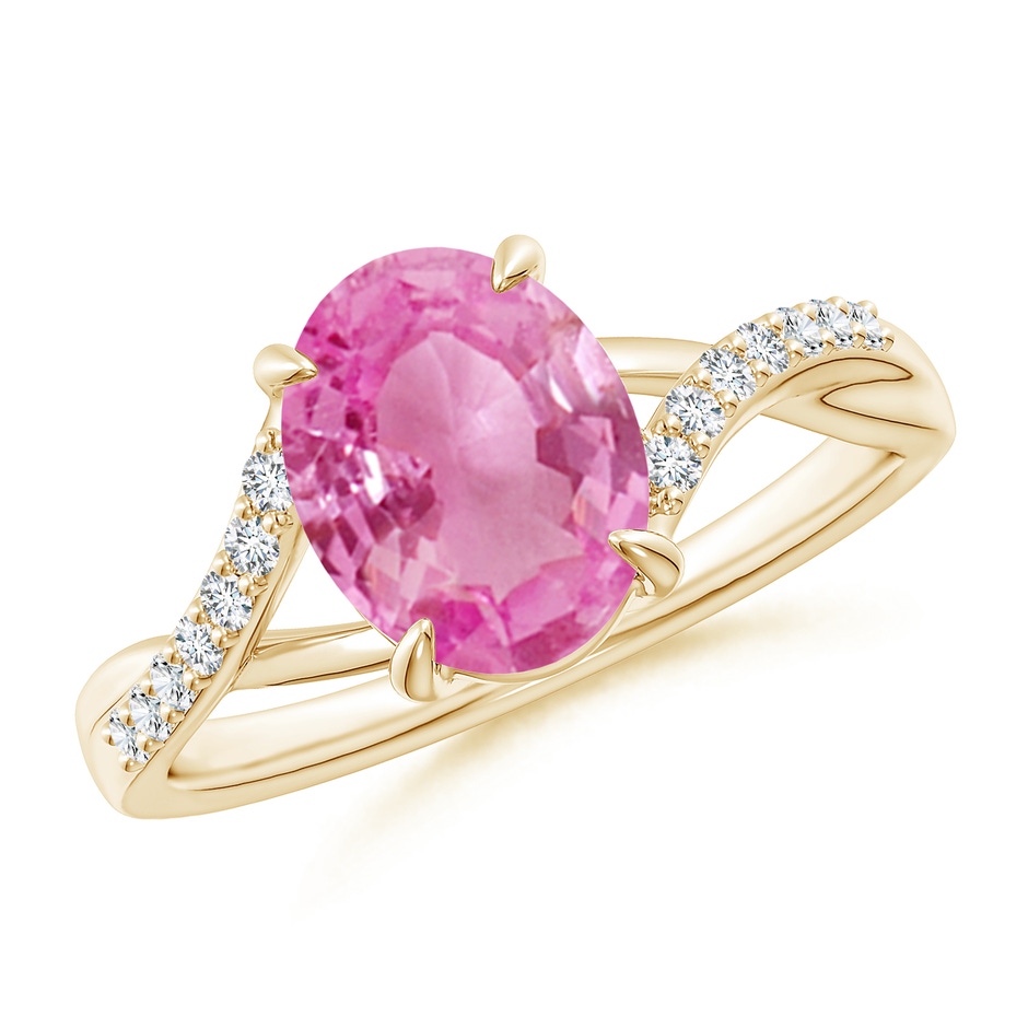 9x7mm AA Oval Pink Sapphire Split Shank Ring with Diamond Accents in Yellow Gold 
