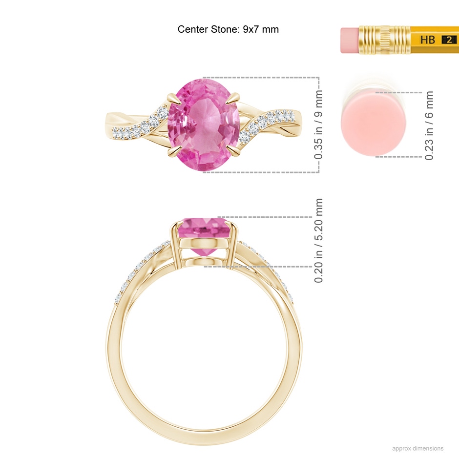 9x7mm AA Oval Pink Sapphire Split Shank Ring with Diamond Accents in Yellow Gold ruler