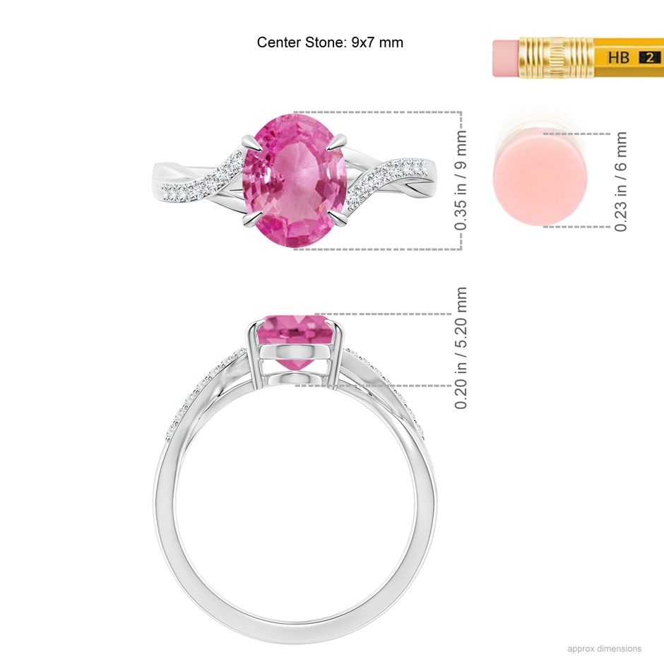 9x7mm AAA Oval Pink Sapphire Split Shank Ring with Diamond Accents in P950 Platinum ruler