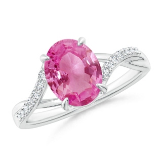 9x7mm AAA Oval Pink Sapphire Split Shank Ring with Diamond Accents in White Gold