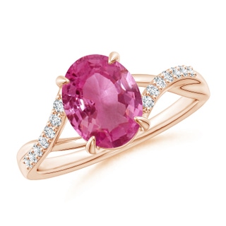 9x7mm AAAA Oval Pink Sapphire Split Shank Ring with Diamond Accents in 10K Rose Gold