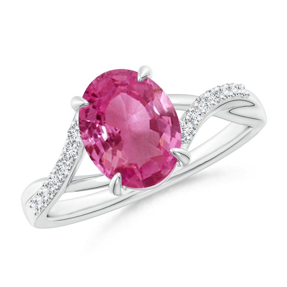 9x7mm AAAA Oval Pink Sapphire Split Shank Ring with Diamond Accents in P950 Platinum 