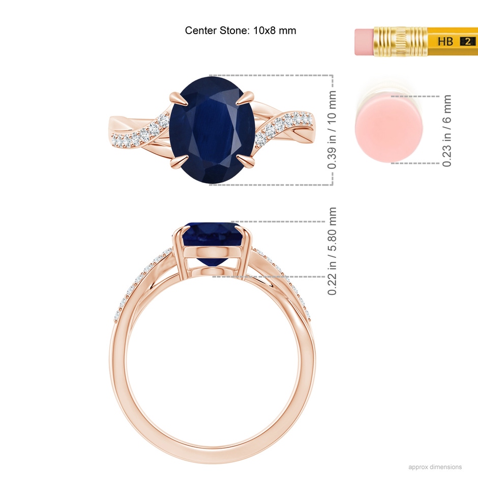 10x8mm A Oval Blue Sapphire Split Shank Ring with Diamond Accents in Rose Gold ruler