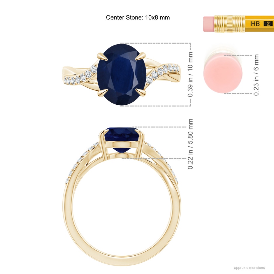 10x8mm A Oval Blue Sapphire Split Shank Ring with Diamond Accents in Yellow Gold ruler