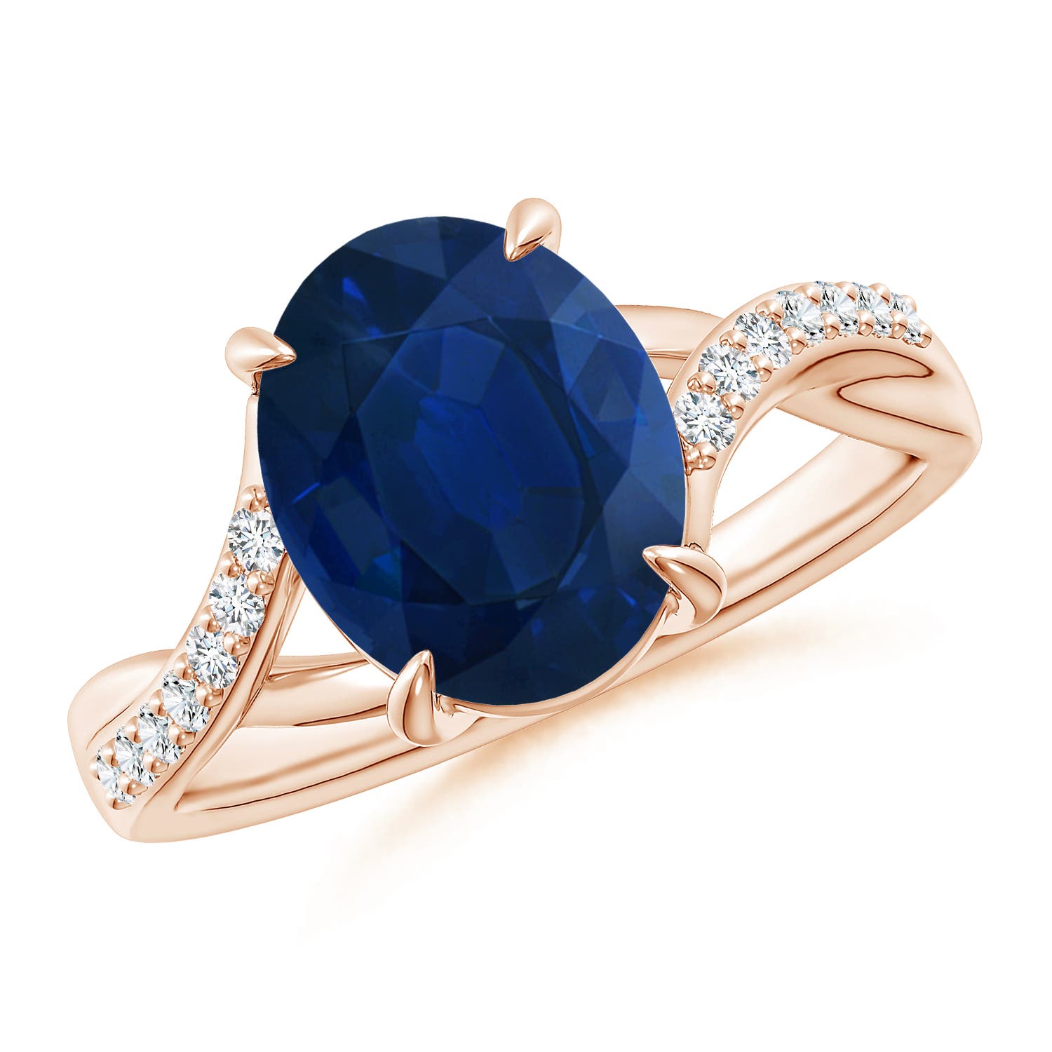 10x8mm AA Oval Blue Sapphire Split Shank Ring with Diamond Accents in Rose Gold