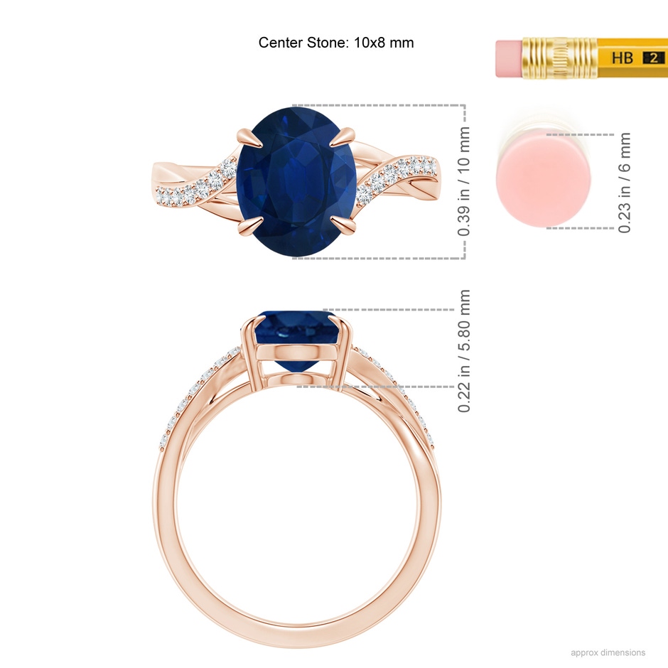 10x8mm AA Oval Blue Sapphire Split Shank Ring with Diamond Accents in Rose Gold ruler