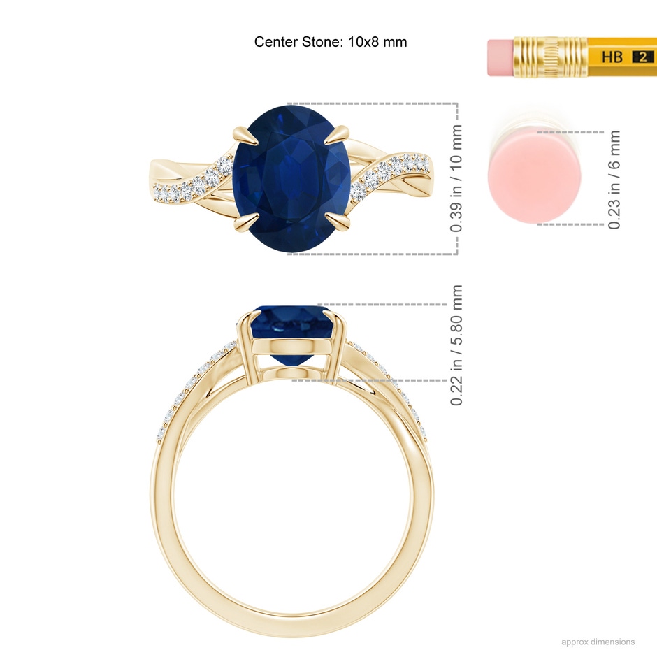 10x8mm AA Oval Blue Sapphire Split Shank Ring with Diamond Accents in Yellow Gold ruler