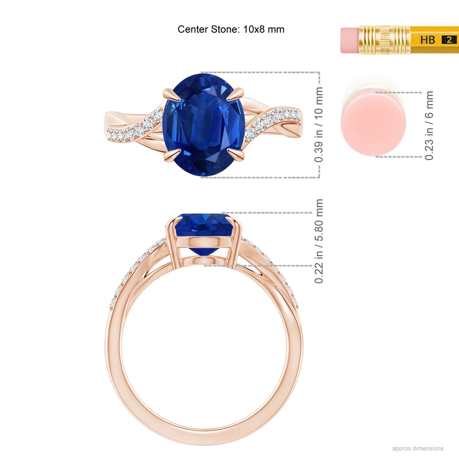 10x8mm AAA Oval Blue Sapphire Split Shank Ring with Diamond Accents in Rose Gold ruler