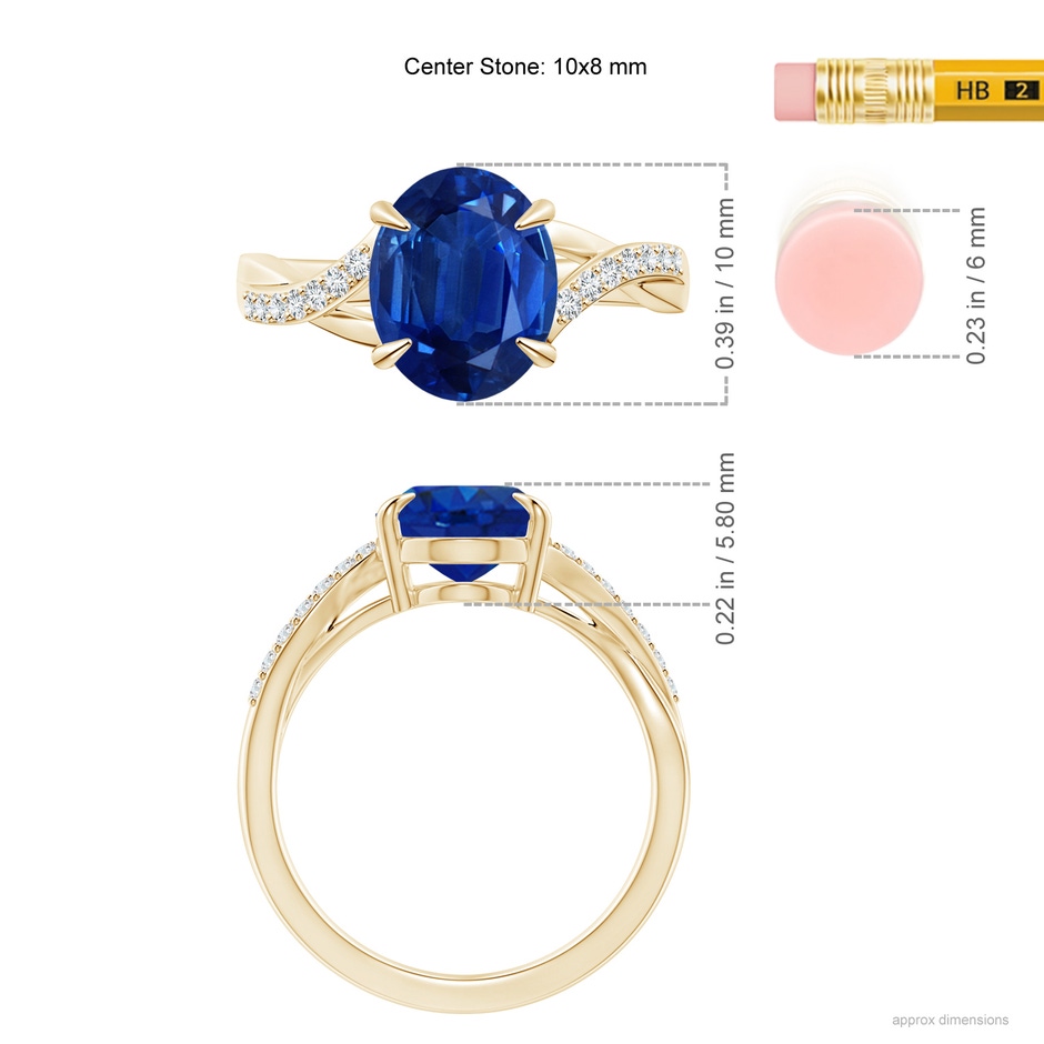 10x8mm AAA Oval Blue Sapphire Split Shank Ring with Diamond Accents in Yellow Gold ruler