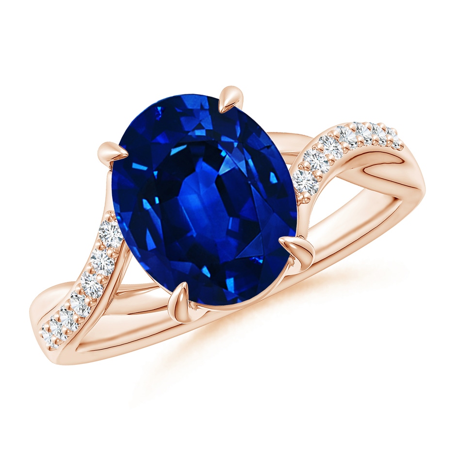 10x8mm AAAA Oval Blue Sapphire Split Shank Ring with Diamond Accents in Rose Gold 