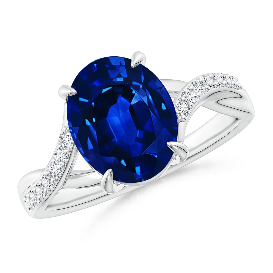 10x8mm Lab-Grown Oval Blue Sapphire Split Shank Ring with Diamond Accents in White Gold 