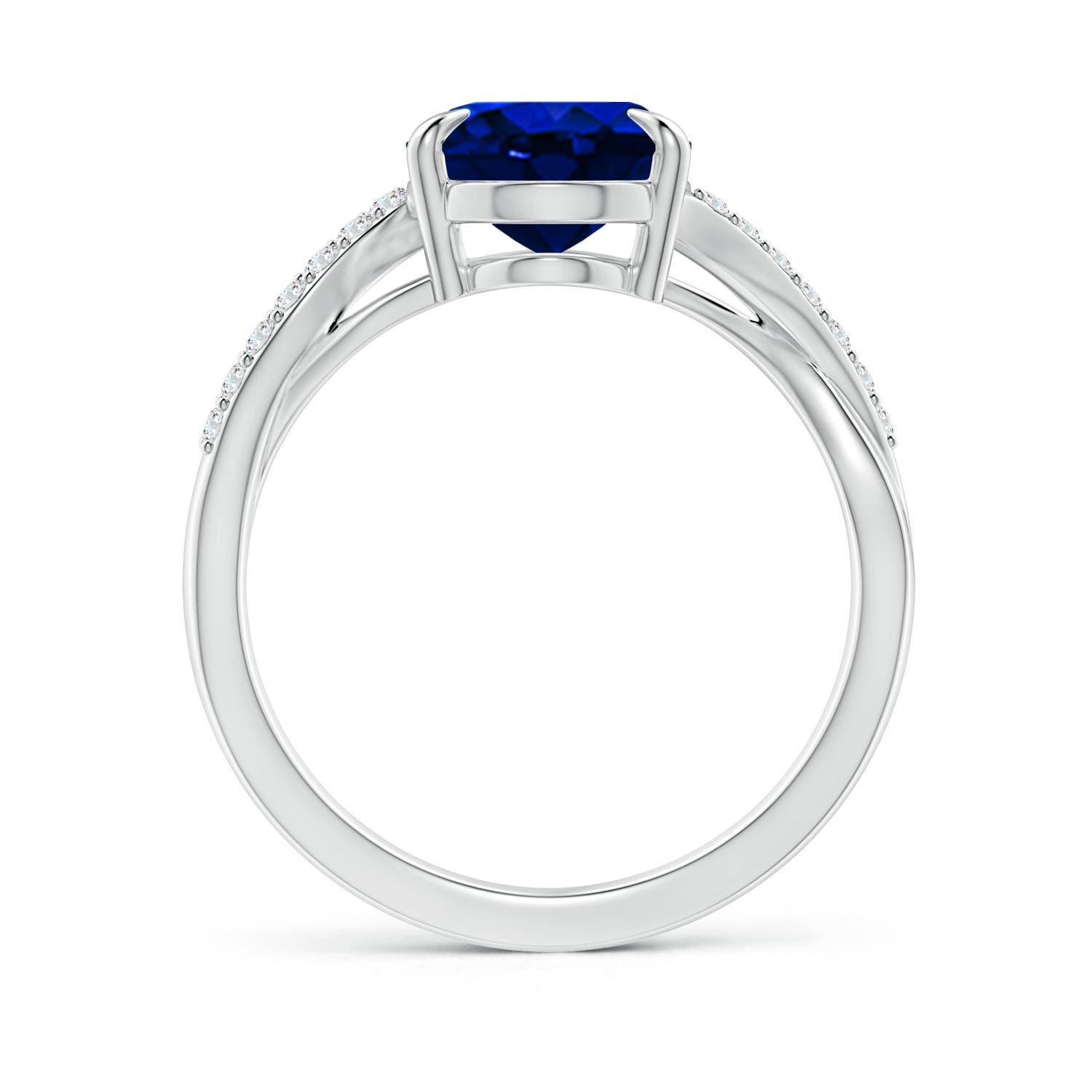 10x8mm AAAA Oval Blue Sapphire Split Shank Ring with Diamond Accents in White Gold