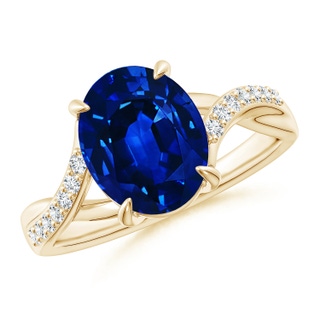 10x8mm AAAA Oval Blue Sapphire Split Shank Ring with Diamond Accents in Yellow Gold