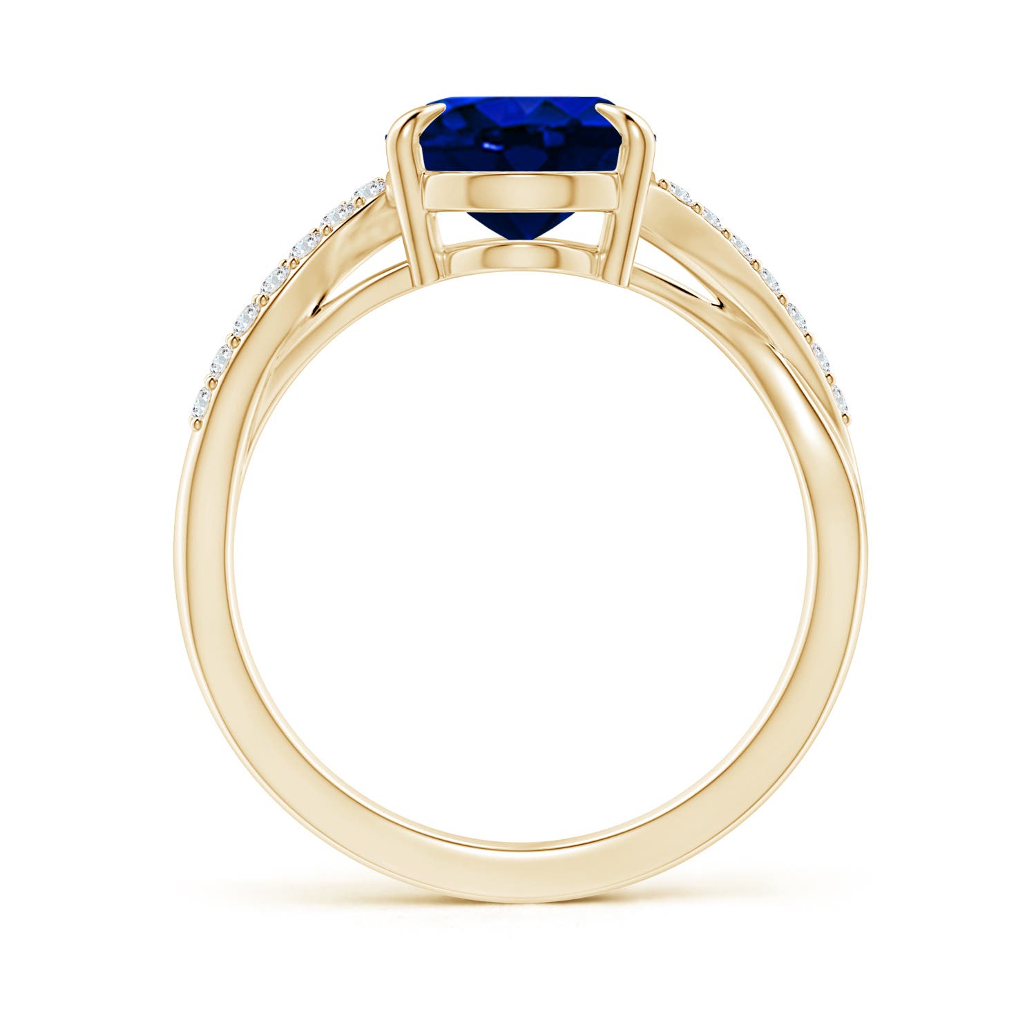 10x8mm AAAA Oval Blue Sapphire Split Shank Ring with Diamond Accents in Yellow Gold