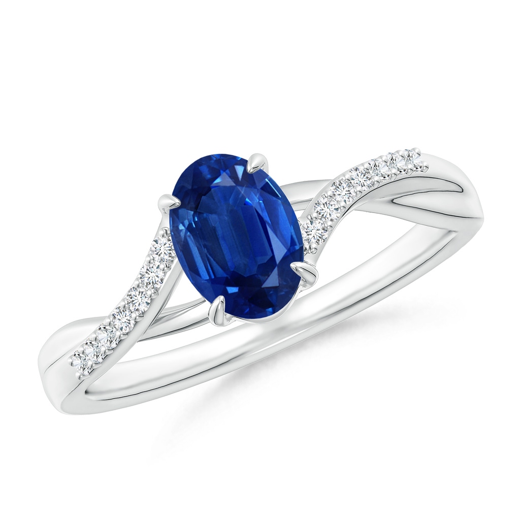 7x5mm AAA Oval Blue Sapphire Split Shank Ring with Diamond Accents in White Gold