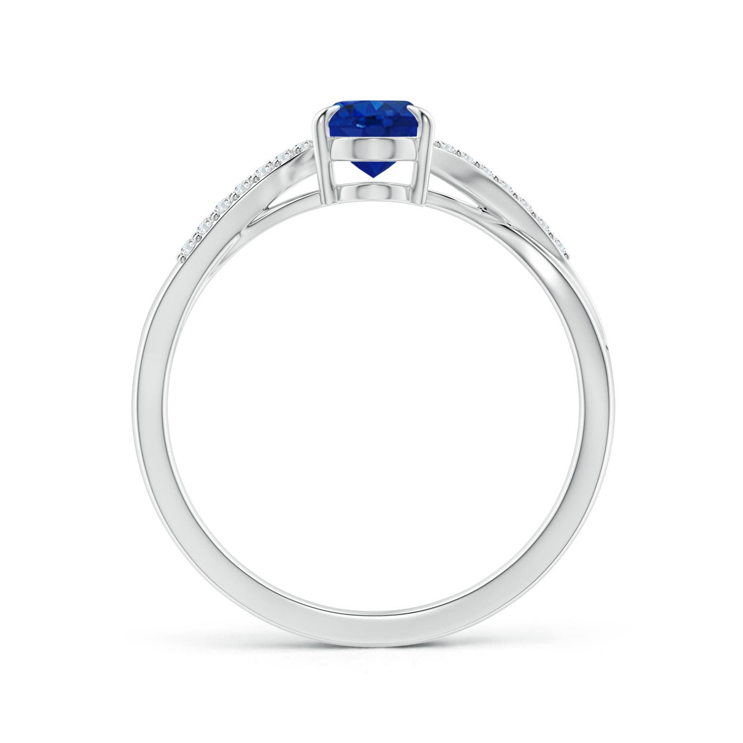 7x5mm AAA Oval Blue Sapphire Split Shank Ring with Diamond Accents in White Gold